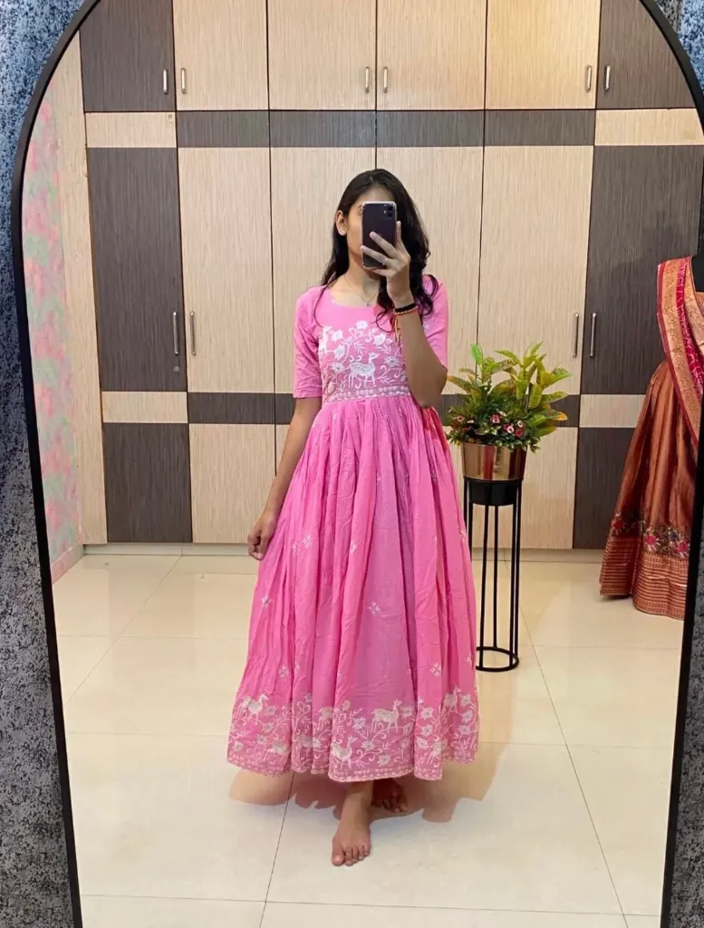 Summer Special Pure Mul Cotton Flared Gown (One Piece) with Heavy Embroidery & Back Dori Pattern