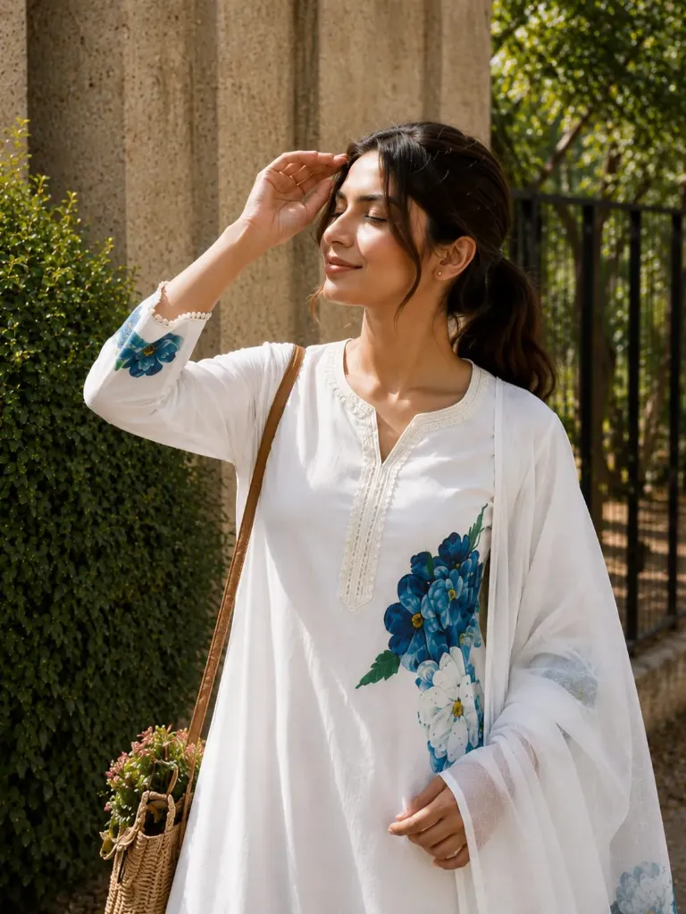 Festival Collection Cream Linen Cotton Printed Kurti Pant Set with Coordinating Dupatta