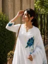 Festival Collection Cream Linen Cotton Printed Kurti Pant Set with Coordinating Dupatta