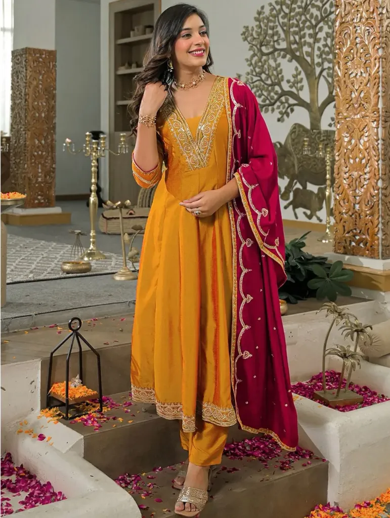 Bright Yellow Vichhitra Silk Embroidered Anarkali Kurta Pant Set with Matching Dupatta