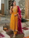 Bright Yellow Vichhitra Silk Embroidered Anarkali Kurta Pant Set with Matching Dupatta