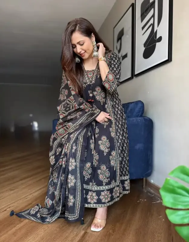 "Ajrakh Buta" Branded Pure Cotton Ajrakh Print Anarkali Kurta with Handwork Neck, Matching Pants, Dupatta & Shimmering Bracelet Gift
