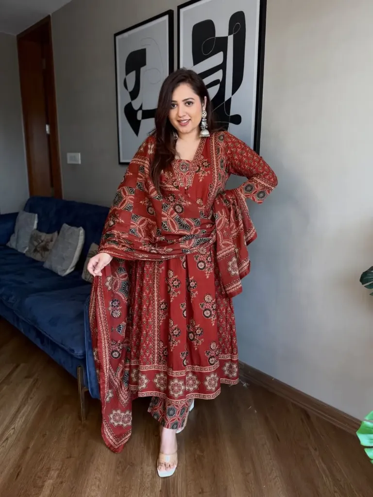 "Ajrakh Buta" Branded Pure Cotton Ajrakh Print Anarkali Kurta with Handwork Neck, Matching Pants, Dupatta & Shimmering Bracelet Gift (M, Maroon)