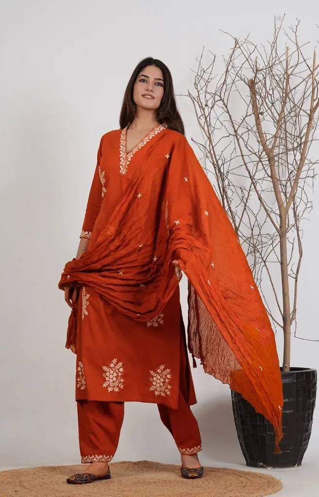 Roman Fabric Embroidered Top with Matching Pants and Chanderi Silk Dupatta Set