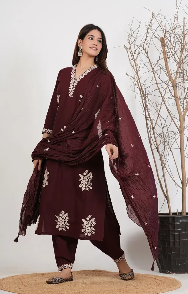 Roman Fabric Embroidered Top with Matching Pants and Chanderi Silk Dupatta Set