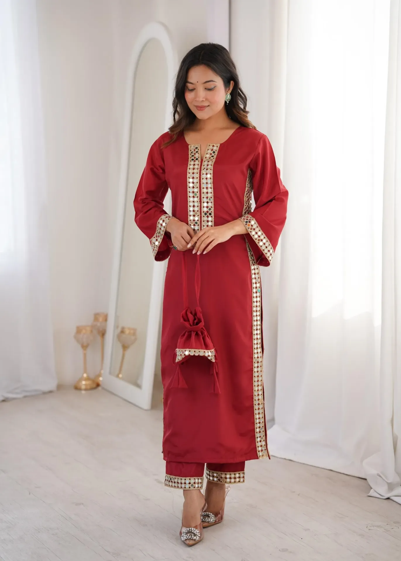 Natural Crepe Real Mirror Lace Kurti and Pant Set with Coordinated Designer Batwa