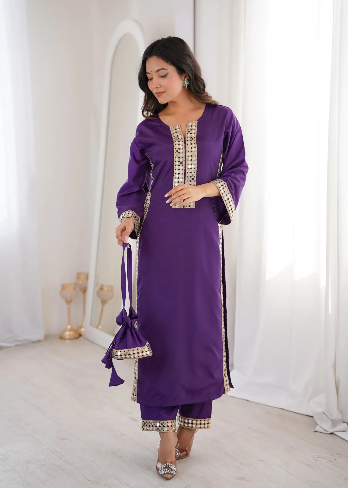 Natural Crepe Real Mirror Lace Kurti and Pant Set with Coordinated Designer Batwa