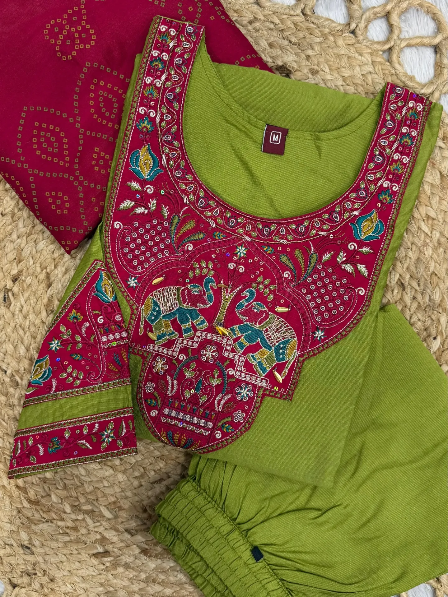 Pure Viscose Mango Silk Hand-Worked Kurti, Straight-Cut Pant, and Hand Block Printed Gaji Silk Dupatta Set