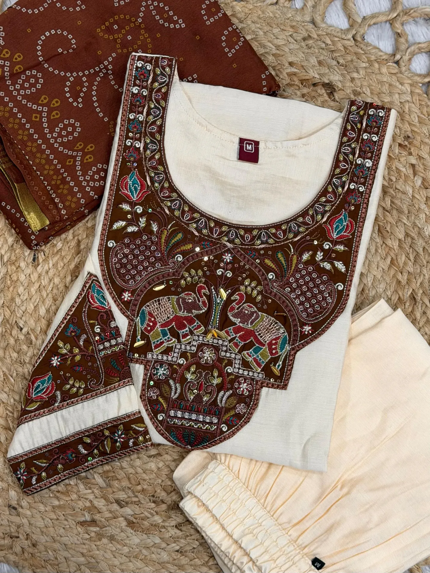Pure Viscose Mango Silk Hand-Worked Kurti, Straight-Cut Pant, and Hand Block Printed Gaji Silk Dupatta Set (M, White)