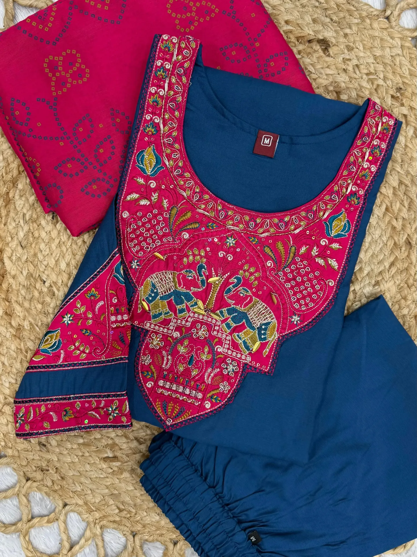 Pure Viscose Mango Silk Hand-Worked Kurti, Straight-Cut Pant, and Hand Block Printed Gaji Silk Dupatta Set