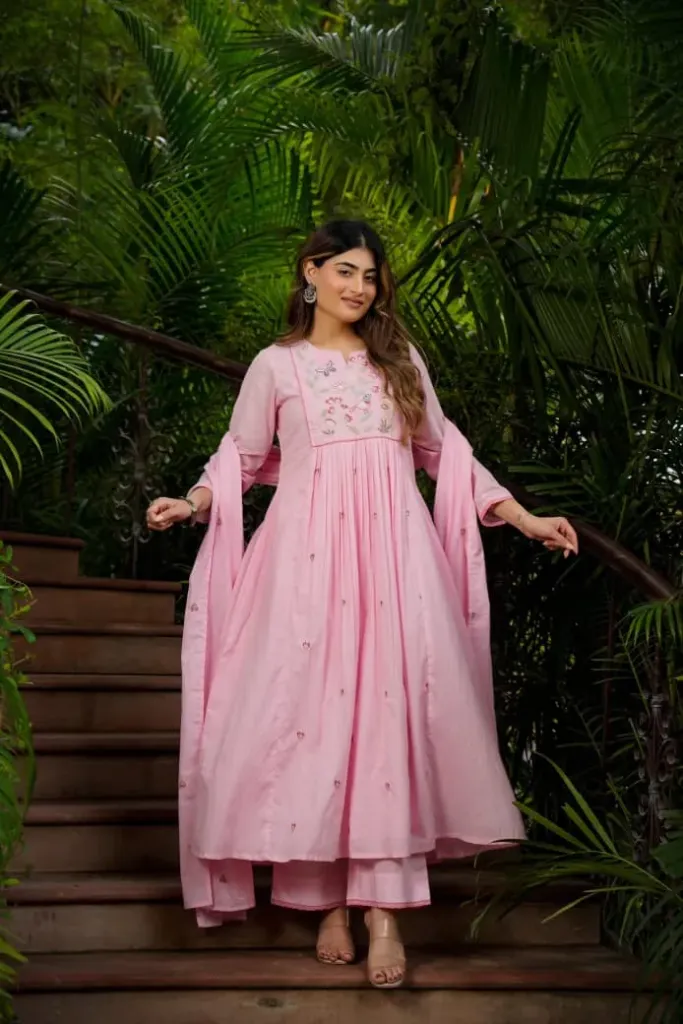 Festival Special Chanderi Silk Gorgeous Embroidered Kurti, Matching Pants, and Chanderi Dupatta Set (S, Pink)