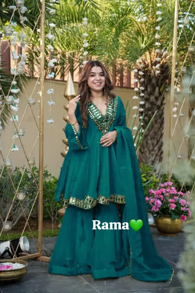 Viral Aliya Cut Kediya Style Soft Chinon Real Mirror Work Palazzo Set with Dupatta & Extra Pouch