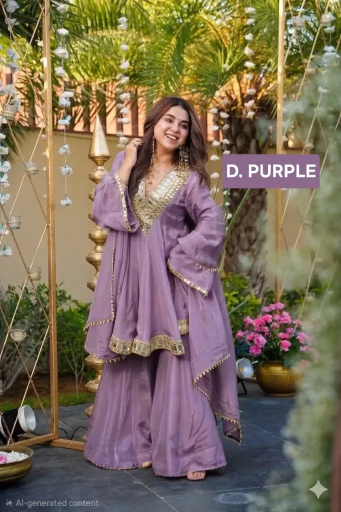 Viral Aliya Cut Kediya Style Soft Chinon Real Mirror Work Palazzo Set with Dupatta & Extra Pouch