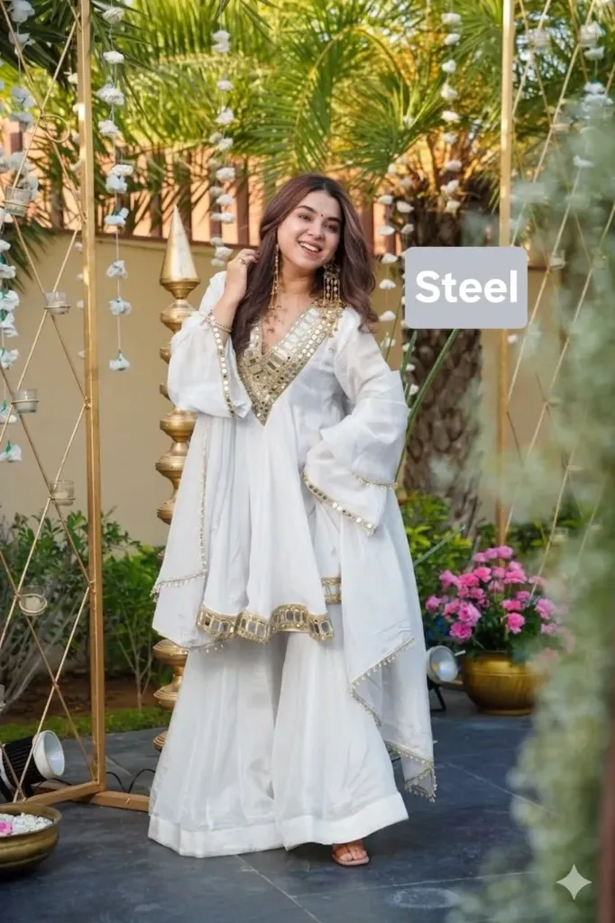 Viral Aliya Cut Kediya Style Soft Chinon Real Mirror Work Palazzo Set with Dupatta & Extra Pouch