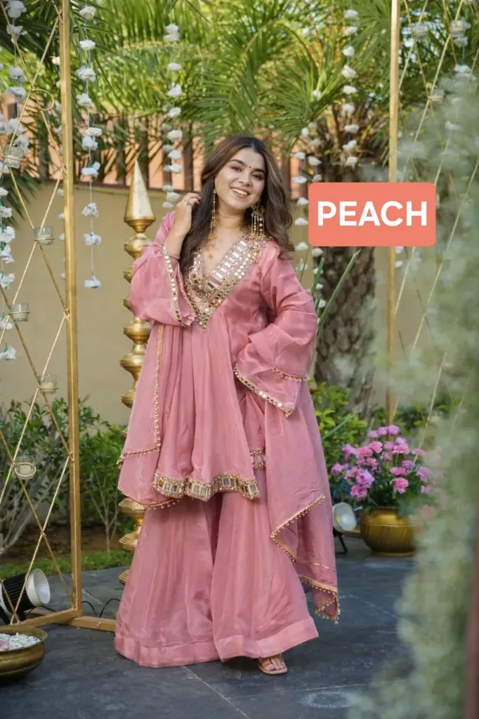 Viral Aliya Cut Kediya Style Soft Chinon Real Mirror Work Palazzo Set with Dupatta & Extra Pouch