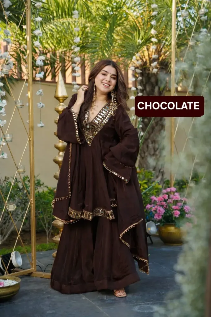 Viral Aliya Cut Kediya Style Soft Chinon Real Mirror Work Palazzo Set with Dupatta & Extra Pouch
