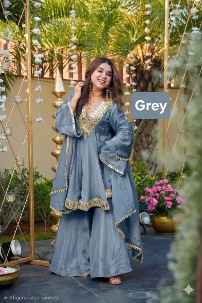 Viral Aliya Cut Kediya Style Soft Chinon Real Mirror Work Palazzo Set with Dupatta & Extra Pouch