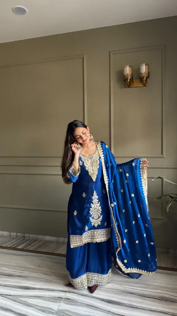 Most Demanding Fendi Satin Designer Embroidered Top, Palazzo, and Dupatta 3-Piece Suit Set (M, Blue)