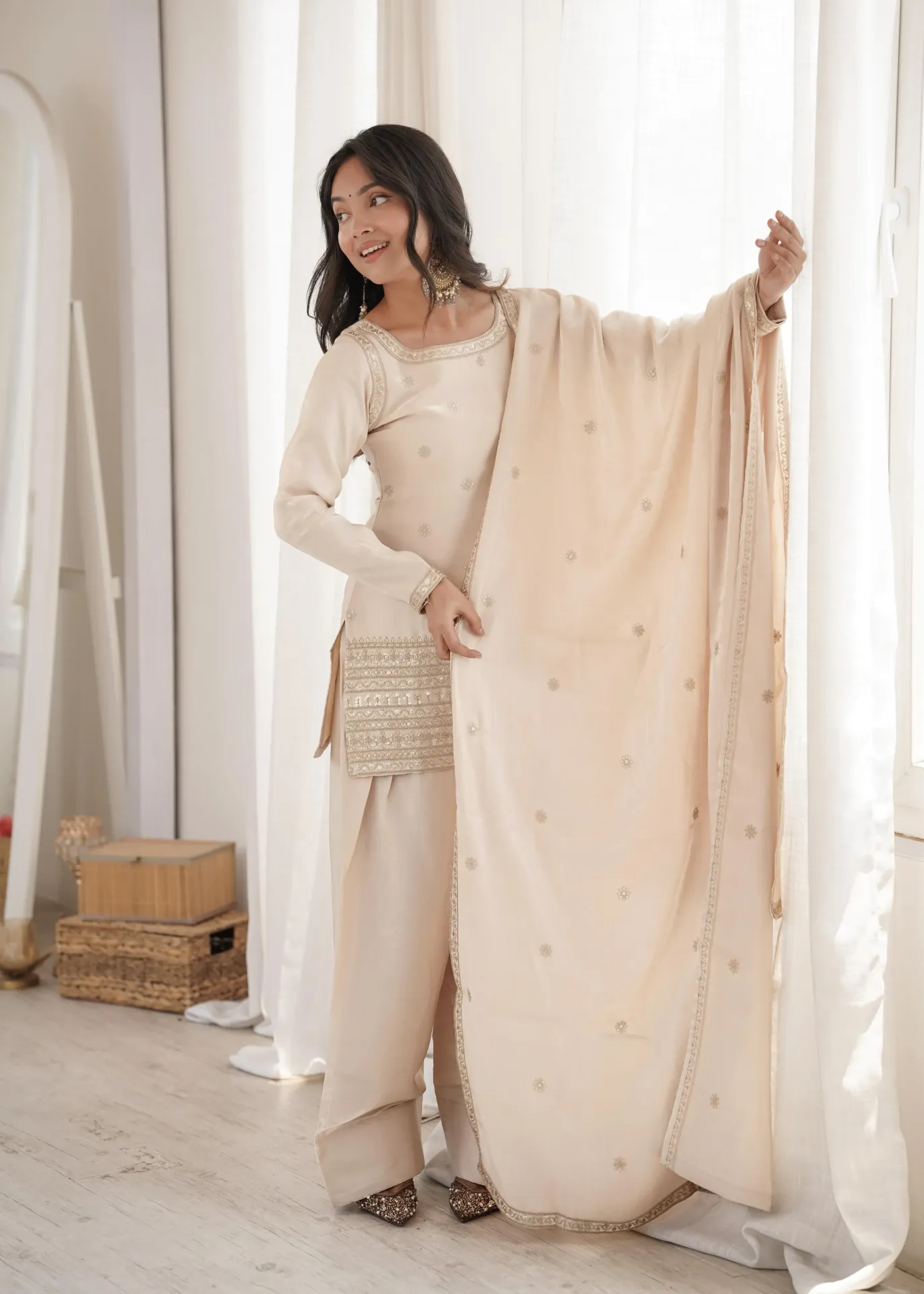 Glass Roman Silk Embroidered Top with Coordinating Dupatta and Farshi Shalwar Set (S)