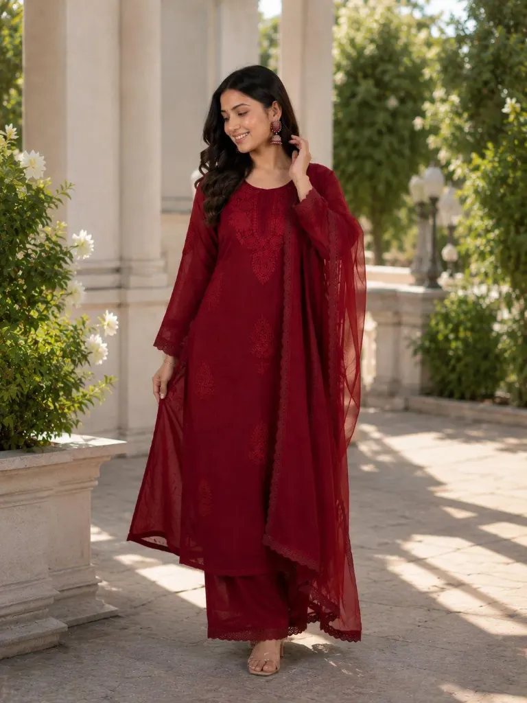 Fox Blooming Georgette Embroidered Top, Free-Size Palazzo, and Border Lace Dupatta 3-Piece Party Wear Suit Set