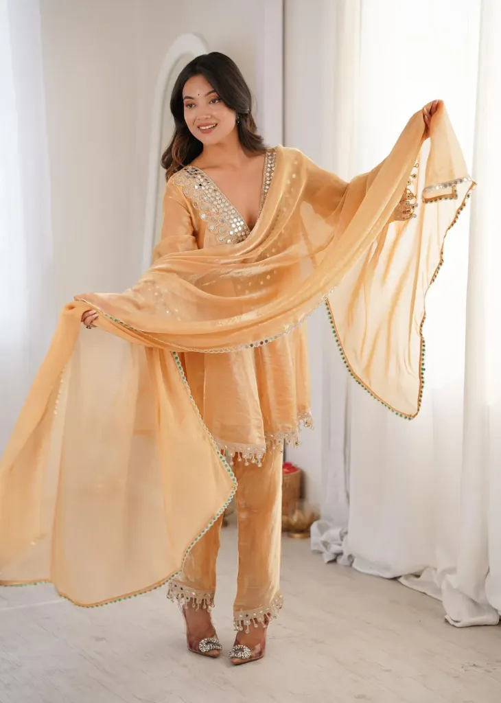 Premium Fendy Fabric Real Mirror and Coding Embroidered Kurti, Pant, and Dupatta 3-Piece Set (M, Peach)