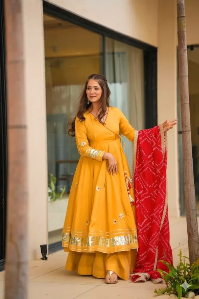 Pure Soft Chinon Handmade Gottapatti Anarkali, Full-Flair Palazzo, and Bandhani Cutwork Dupatta Set (S, Yellow)