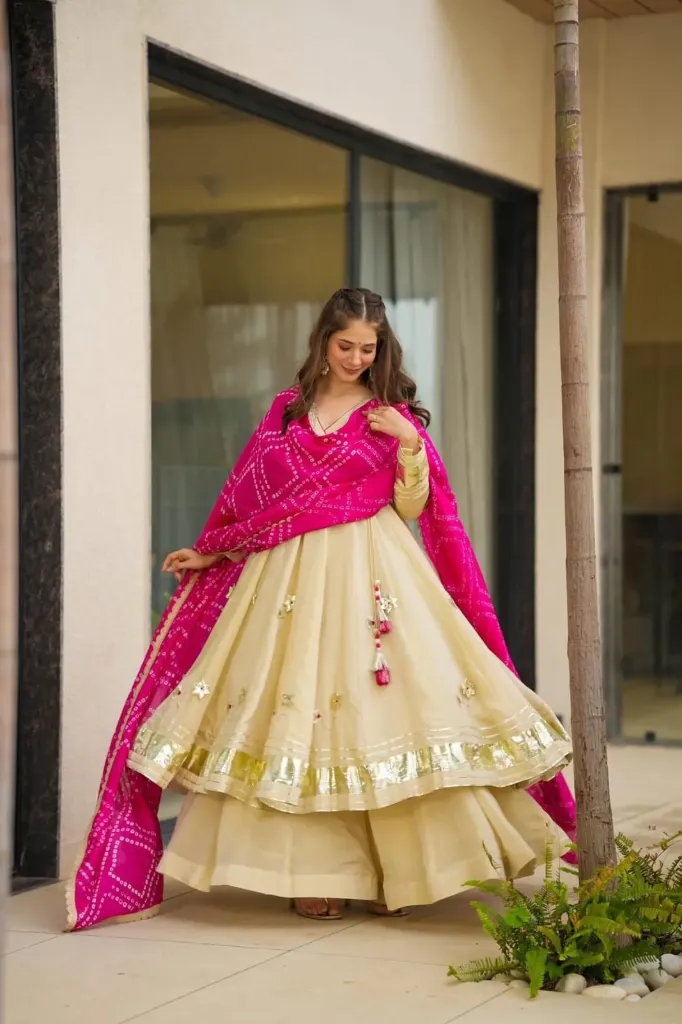 Pure Soft Chinon Handmade Gottapatti Anarkali, Full-Flair Palazzo, and Bandhani Cutwork Dupatta Set