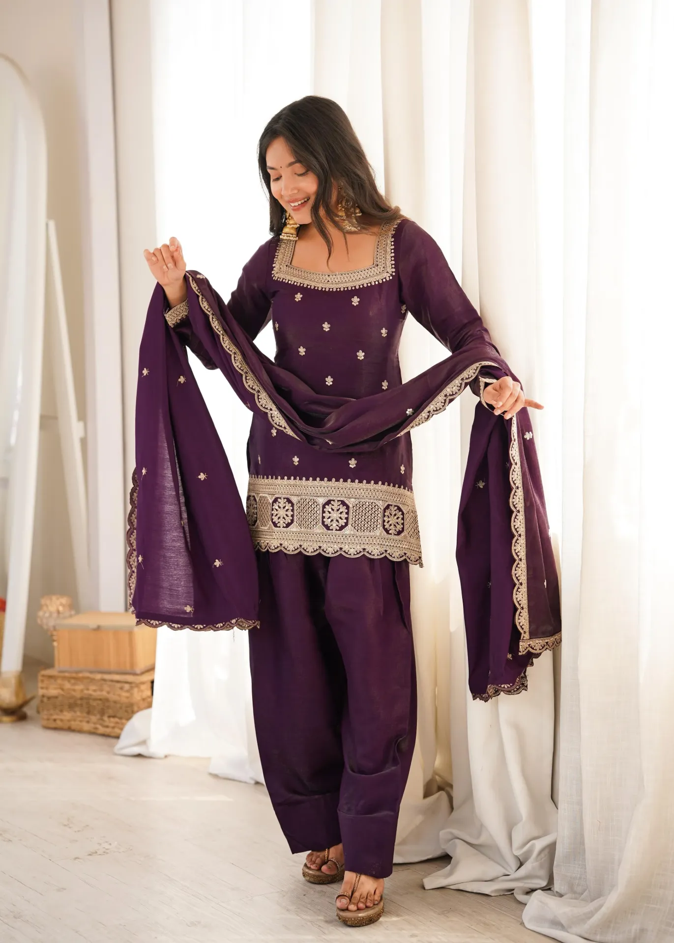 Glass Roman Silk Embroidered Top with Coordinating Dupatta and Farshi Shalwar Set (S)