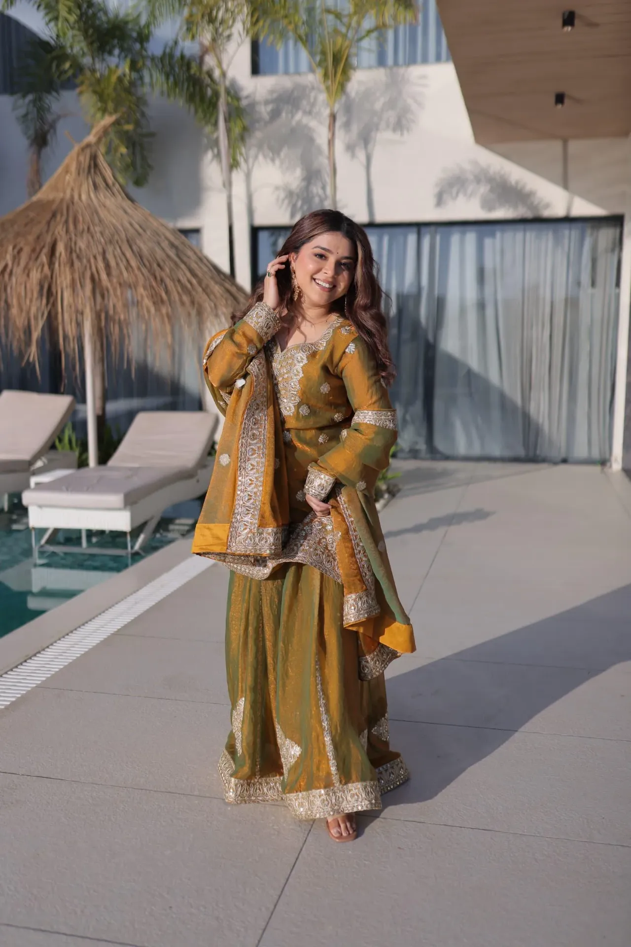 Premium Fendy Chiffon Zari and Sequins Coding Embroidered Top, Sharara, and Designer Lace Dupatta 3-Piece Suit Set