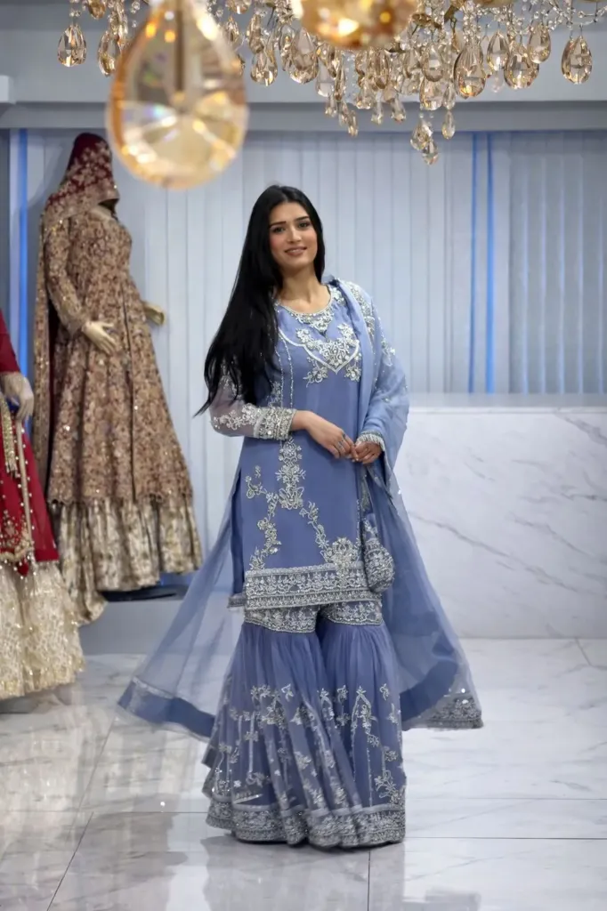 Trending Pure German Chinon Embroidered Kurti, Fully Stitched Sharara, and Coordinated Dupatta 3-Piece Fancy Suit Set (M)