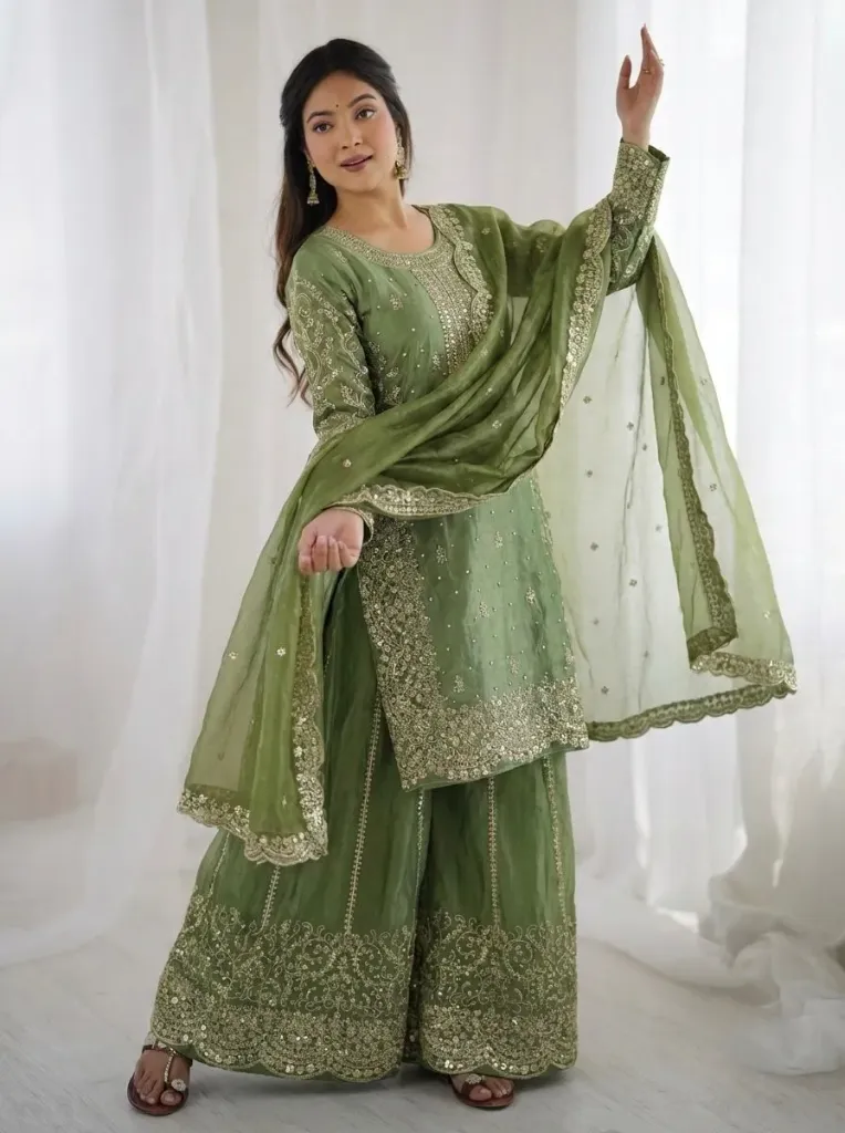 Premium Fendy Silk Embroidered Coding and Sequence Work Kurti, Palazzo, and Lace Border Dupatta 3-Piece Suit Set
