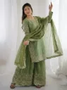 Premium Fendy Silk Embroidered Coding and Sequence Work Kurti, Palazzo, and Lace Border Dupatta 3-Piece Suit Set