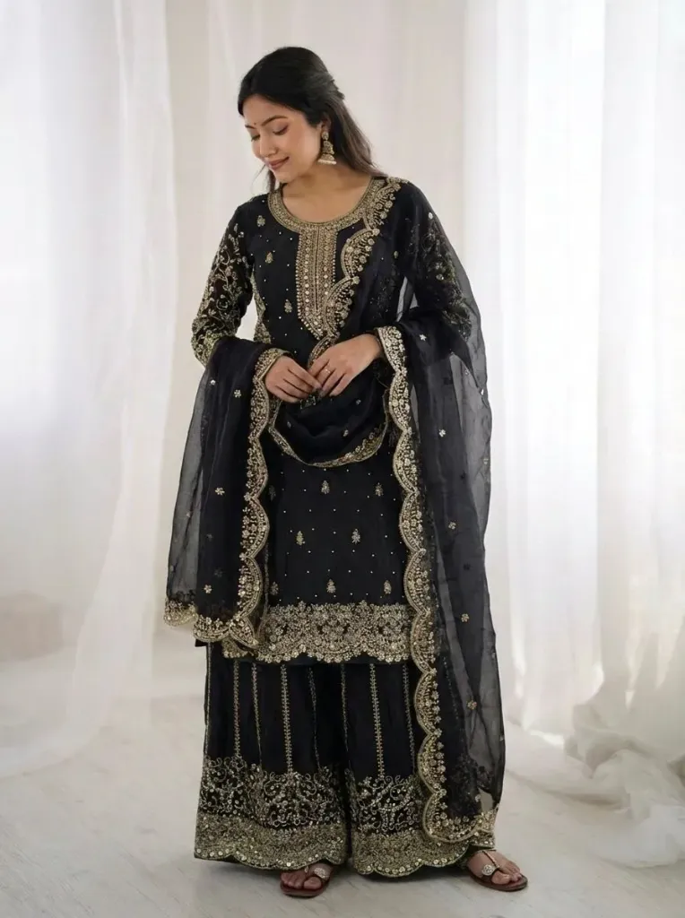 Premium Fendy Silk Embroidered Coding and Sequence Work Kurti, Palazzo, and Lace Border Dupatta 3-Piece Suit Set