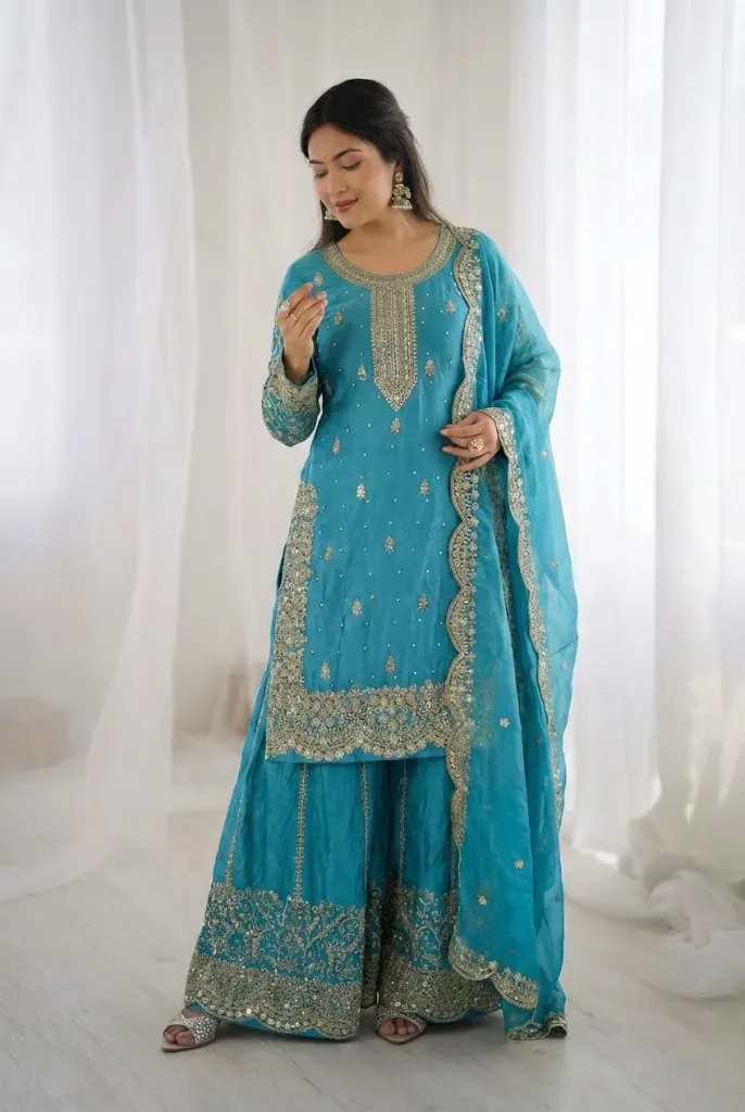 Premium Fendy Silk Embroidered Coding and Sequence Work Kurti, Palazzo, and Lace Border Dupatta 3-Piece Suit Set (M, Blue)