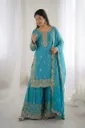 Premium Fendy Silk Embroidered Coding and Sequence Work Kurti, Palazzo, and Lace Border Dupatta 3-Piece Suit Set