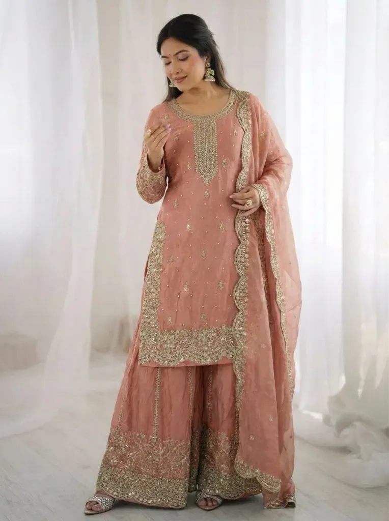 Premium Fendy Silk Embroidered Coding and Sequence Work Kurti, Palazzo, and Lace Border Dupatta 3-Piece Suit Set