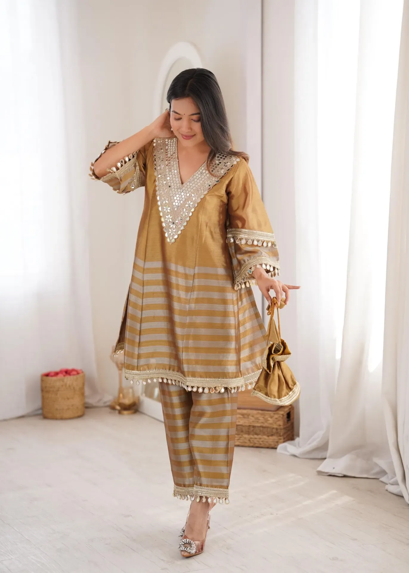 Premium Two-Tone Line Tissue Embroidered V-Neck Kurti, Mirror Lace Pants, and Matching Batwa 3-Piece Set (M)