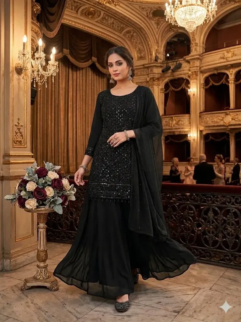 Elegant Georgette Beads and Sequence Embroidered Kurti, Matching Palazzo, and Dupatta 3-Piece Suit Set (M)