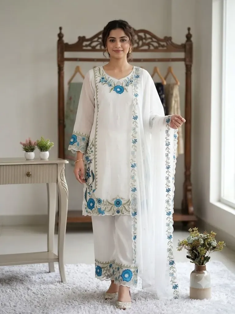 Fox Georgette Embroidered Tunic, Matching Embroidered Palazzo, and Dupatta 3-Piece Suit Set (M, Blue)