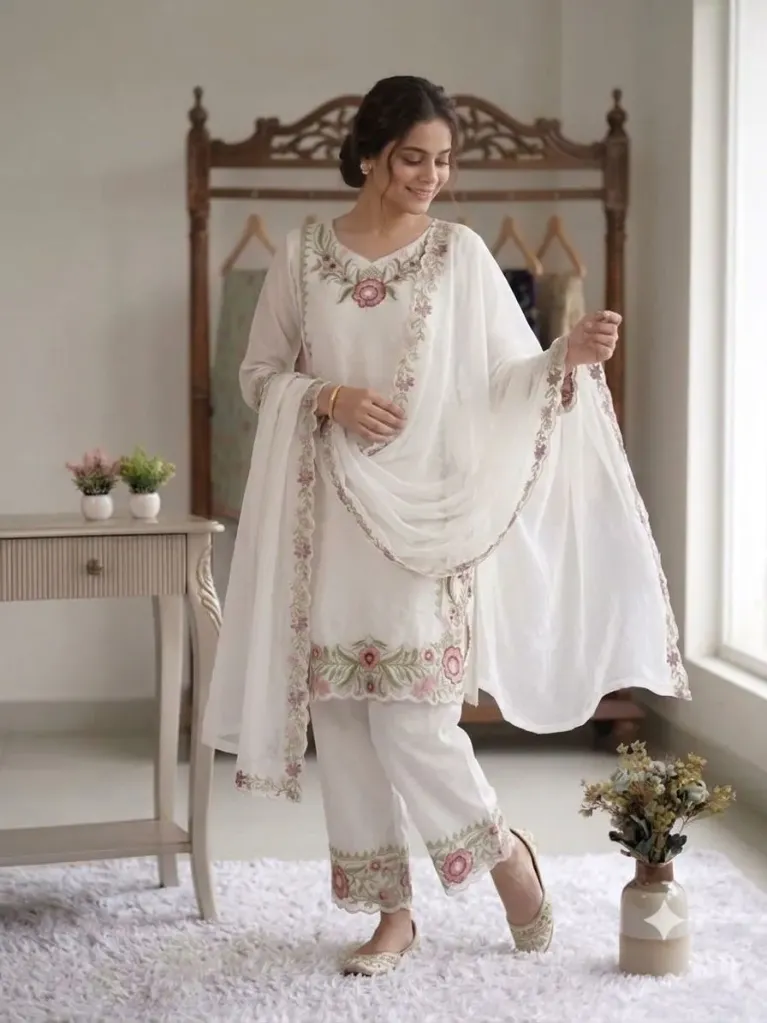 Fox Georgette Embroidered Tunic, Matching Embroidered Palazzo, and Dupatta 3-Piece Suit Set