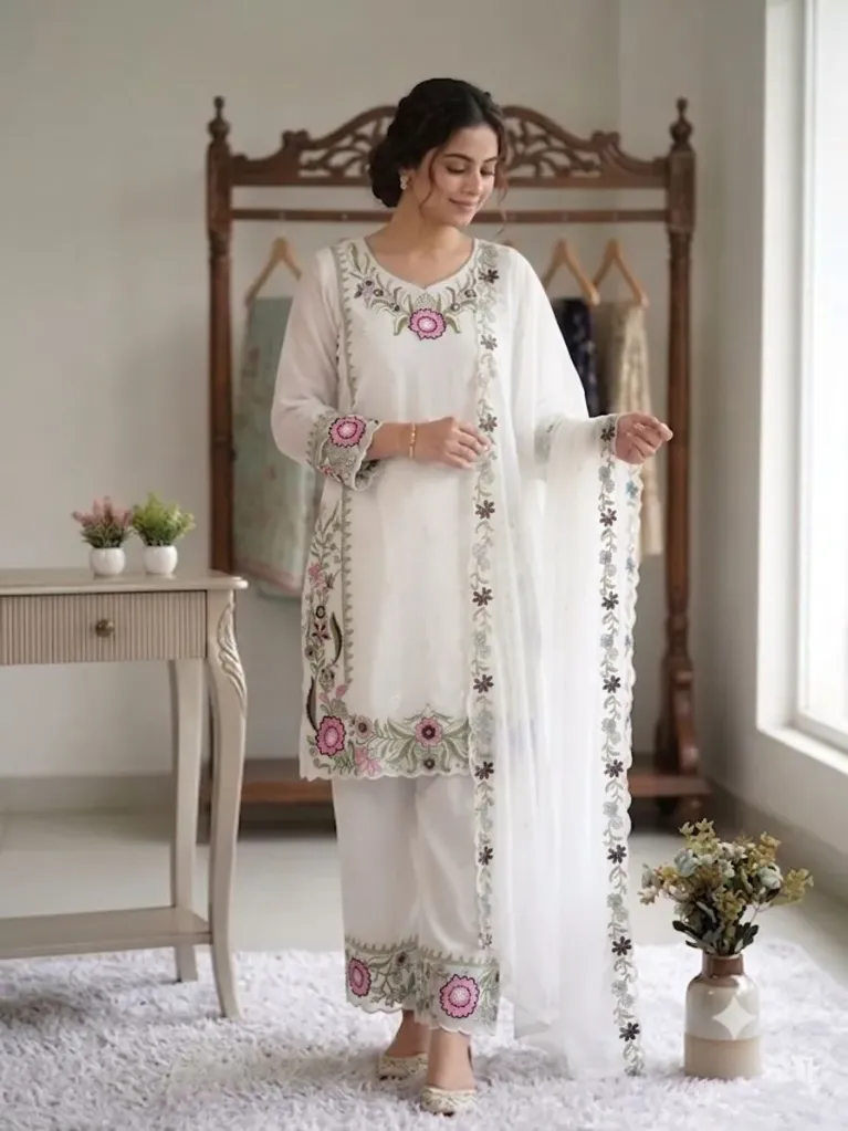 Fox Georgette Embroidered Tunic, Matching Embroidered Palazzo, and Dupatta 3-Piece Suit Set