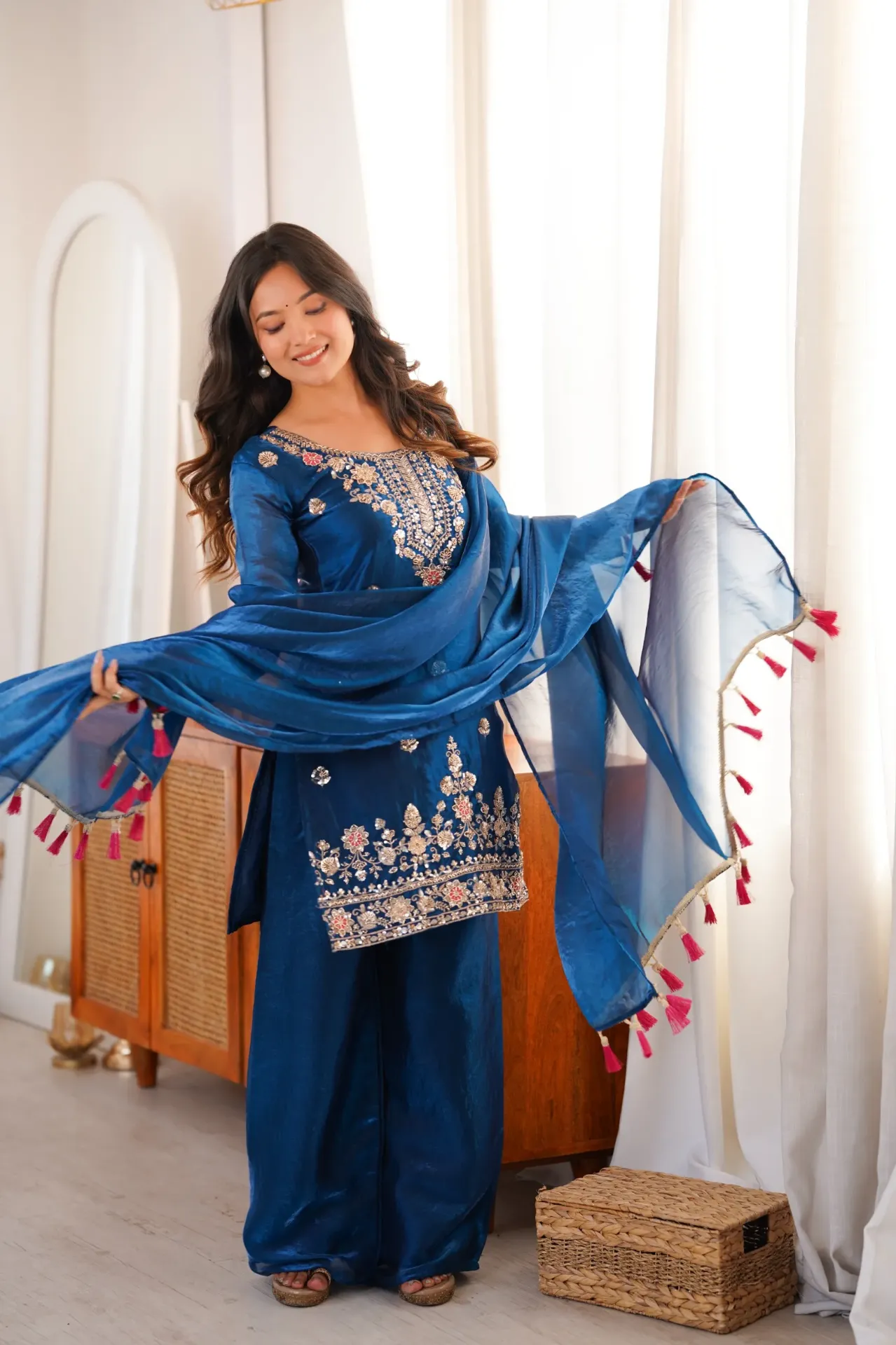 Royal Blue Fendi Silk Heavy Beads, Sequence, and Thread Embroidered Kurti with Palazzo and Latkan Dupatta Set (M)