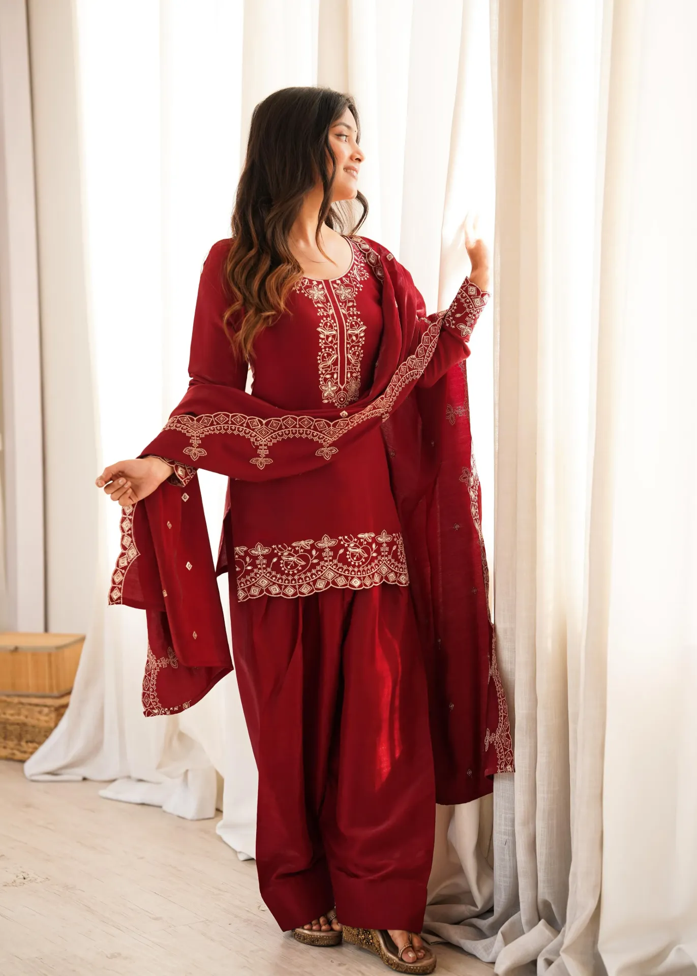 Glass Roman Silk Embroidered Top with Coordinating Dupatta and Farshi Shalwar Set (S)