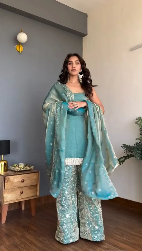 Exclusive Fendy Silk Thread and Sequence Embroidered Tunic, Matching Elastic Palazzo, and Border Work Dupatta 3-Piece Set (S)