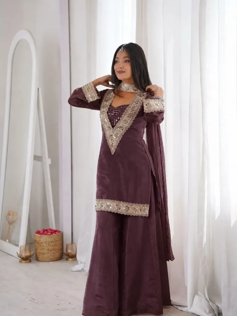 Premium Soft Chinon Original Mirror, Diamond, and Real Moti Work Kurta, Fully Stitched Blouse, Full-Flaired Sharara, and Belt-Style Dupatta 4-Piece Suit Set