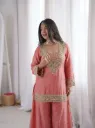 Premium Soft Chinon Original Mirror, Diamond, and Real Moti Work Kurta, Fully Stitched Blouse, Full-Flaired Sharara, and Belt-Style Dupatta 4-Piece Suit Set