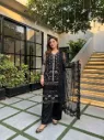 Heavy Soft Net Chine Sequence and Pearl Hand Work Top, Butter Silk Palazzo, and Coordinated Dupatta 3-Piece Suit Set