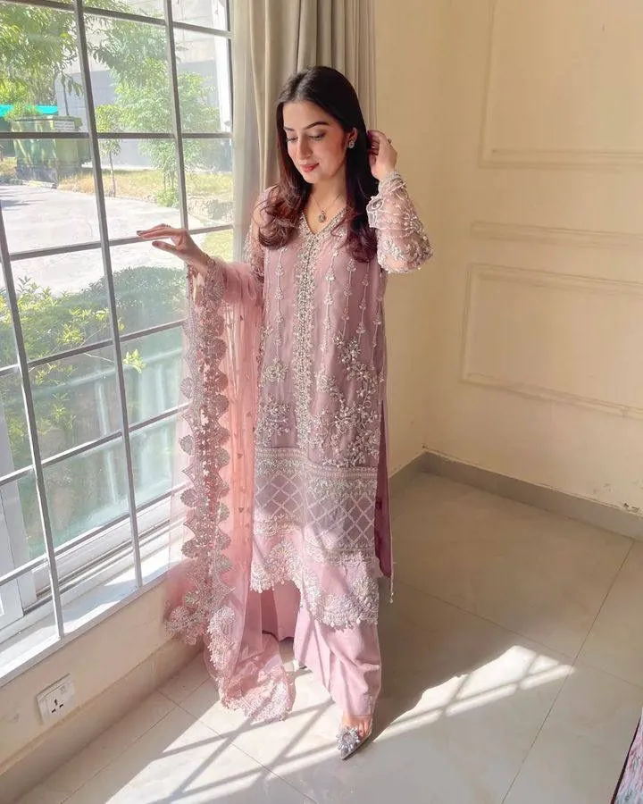 Heavy Soft Net Chine Sequence and Pearl Hand Work Top, Butter Silk Palazzo, and Coordinated Dupatta 3-Piece Suit Set (S, Pink)