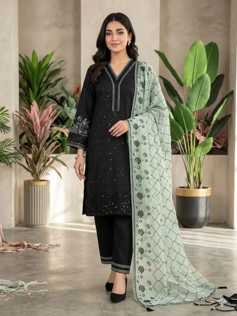 Premium Roman Silk Sequence Embroidered Tunic, Matching Palazzo, and Lining Organza Dupatta 3-Piece Wedding Suit Set