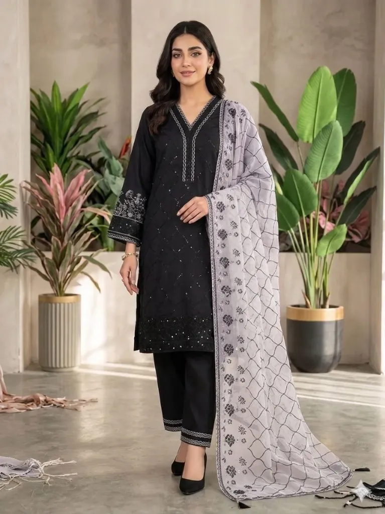 Premium Roman Silk Sequence Embroidered Tunic, Matching Palazzo, and Lining Organza Dupatta 3-Piece Wedding Suit Set
